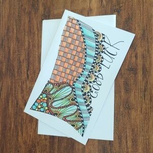 🌻5/$20 Handmade Good Luck Checkered Zentangle Card- Blue, Orange & Black